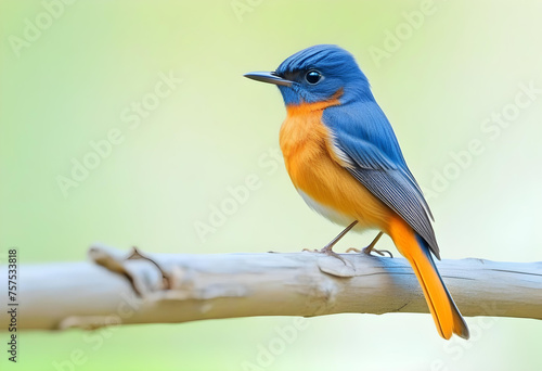fascinated blue and orange bird perching on thin wood isolated on white background photo