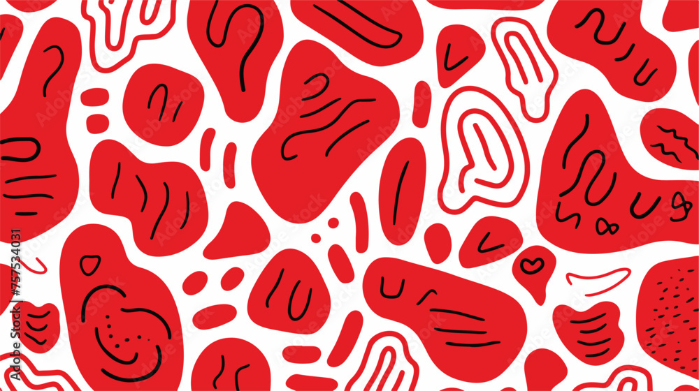 Fun red line doodle seamless pattern. Creative abst
