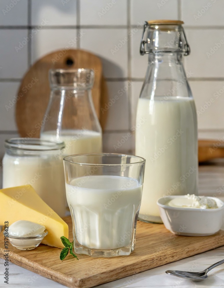 A bottle of cow's milk is placed among various dairy products, such as butter, powdered milk, cheese, and others, in a cozy kitchen setting, referencing World Milk Day, vertical