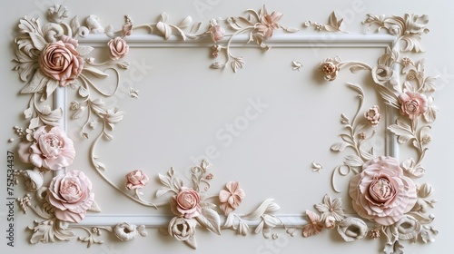 a rectangular boiserie frame adorned with delicate flowers along its edges, against a soft-colored backdrop, set against a pristine white background.