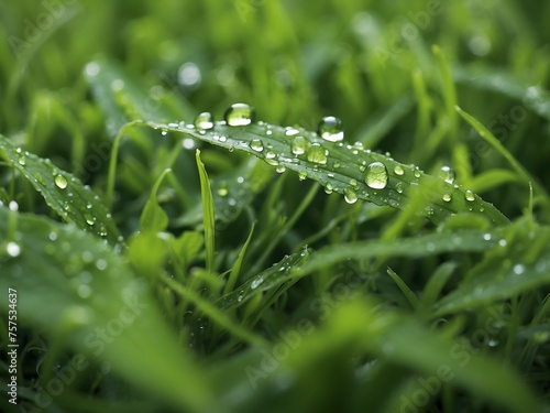 A close-up of green grass after a rain shower, with water droplets magnifying the lush, green hues and textures, generative AI
