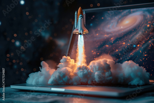 Space rocket launching from laptop, symbolizing start-up and innovative technology concepts.