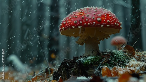 a red mushroom sitting on top of a pile of leaves in the middle of a forest filled with lots of snow.