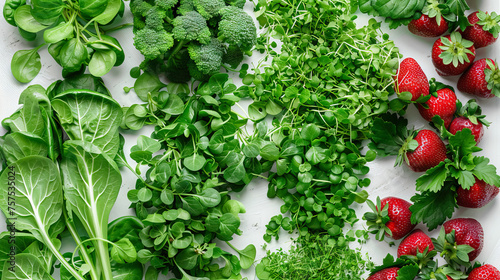 top view flat lay eafy greens, tomatoes, strawberries, and herbs on white background. photo