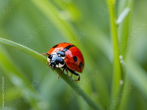 A macro view of a ladybug navigating the miniature jungle of deep green grass blades, generative AI