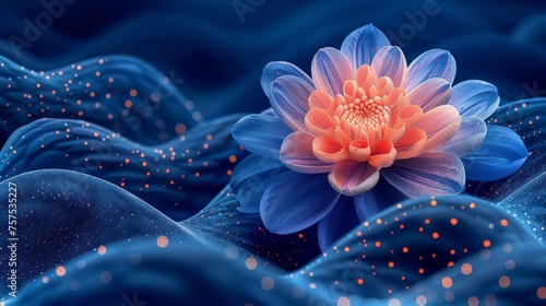 a close up of a blue and orange flower on a background of wavy blue water with dots on the petals.