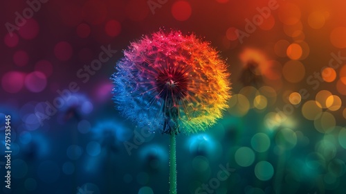 a multicolored dandelion in front of a blurry image of a group of other dandelions.