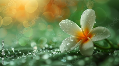 a close up of a white flower with drops of water on it and a blurry background of green leaves.