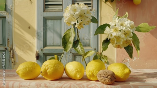 a group of lemons sitting on top of a table next to a vase filled with flowers and a walnut. photo