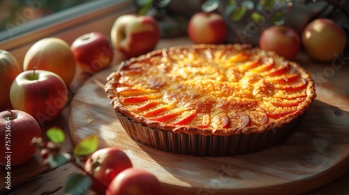 a pie sitting on top of a wooden cutting board next to a bunch of apples on a window sill. photo