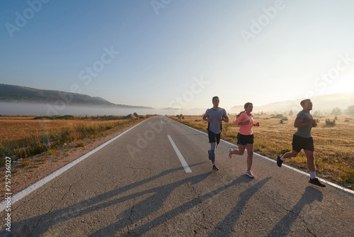 A group of friends  athletes  and joggers embrace the early morning hours as they run through the misty dawn  energized by the rising sun and surrounded by the tranquil beauty of nature