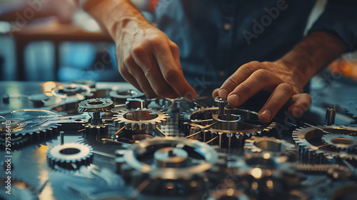 A person assembling a complex mechanism, illustrating assembling intricate systems in business processes photo