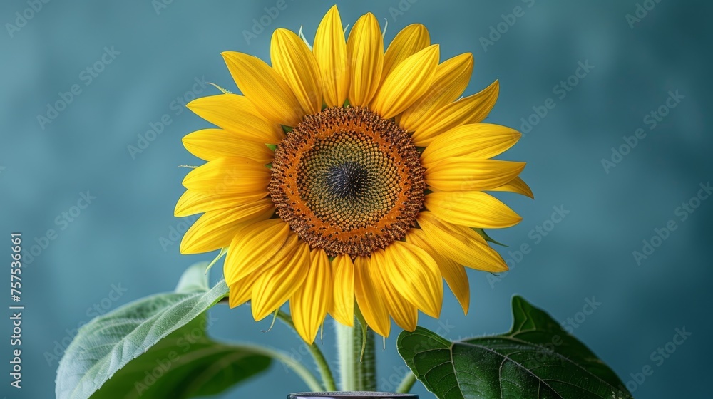 a close up of a sunflower in a vase with a green leafy plant in front of a blue background. a close up of a sunflower in a vase with a green leafy plant in front of a blue background.