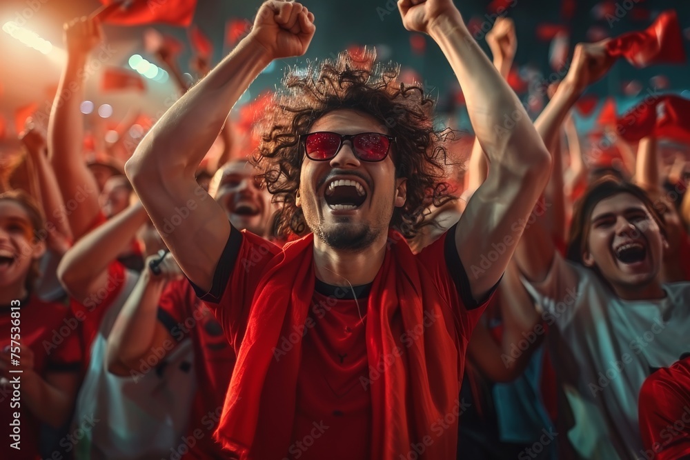 Jubilant Supporters in Red Celebrate a Spectacular Goal at Evening Soccer Match Jubilant Supporters in Red Celebrate a Spectacular Goal at Evening Soccer Match