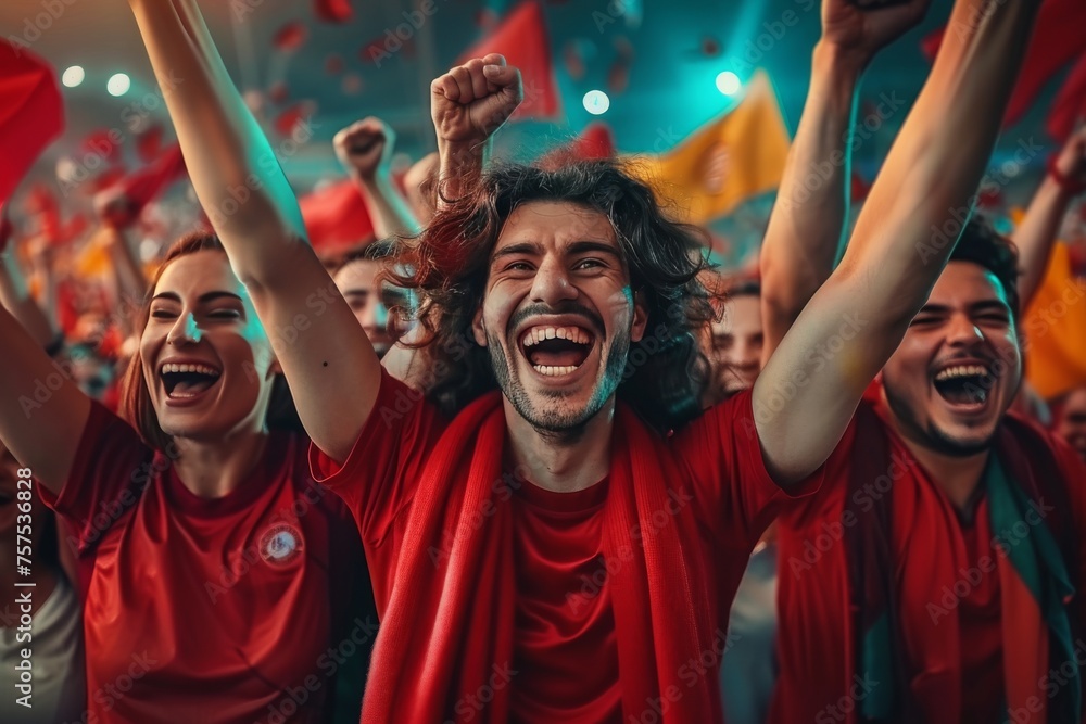 Jubilant Supporters in Red Celebrate a Spectacular Goal at Evening Soccer Match