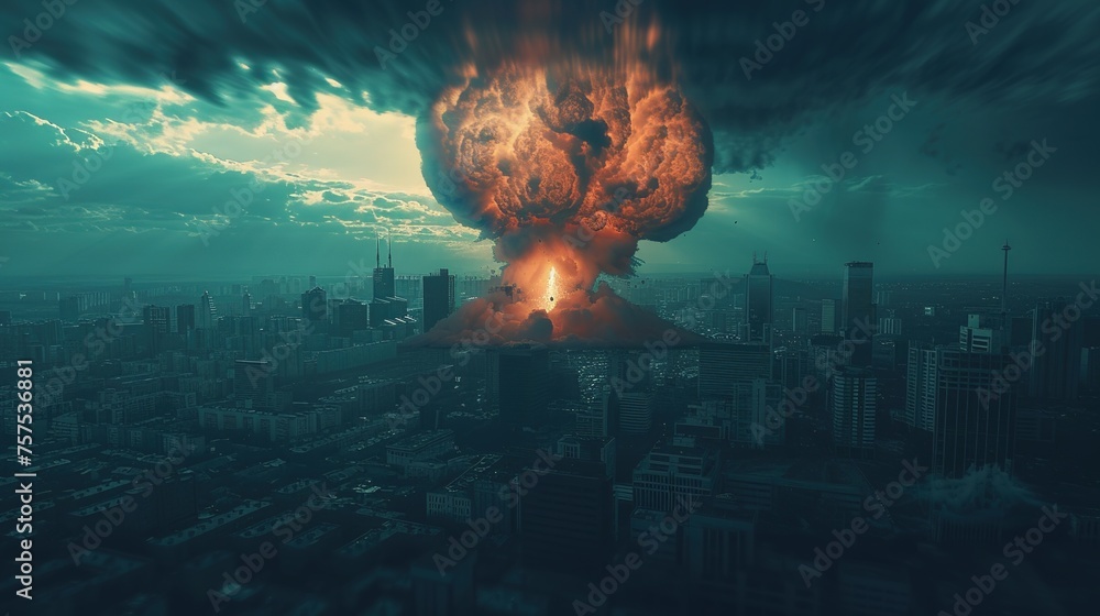 Atomic bomb in city. Symbol of war, end of world. Nuclear explosion