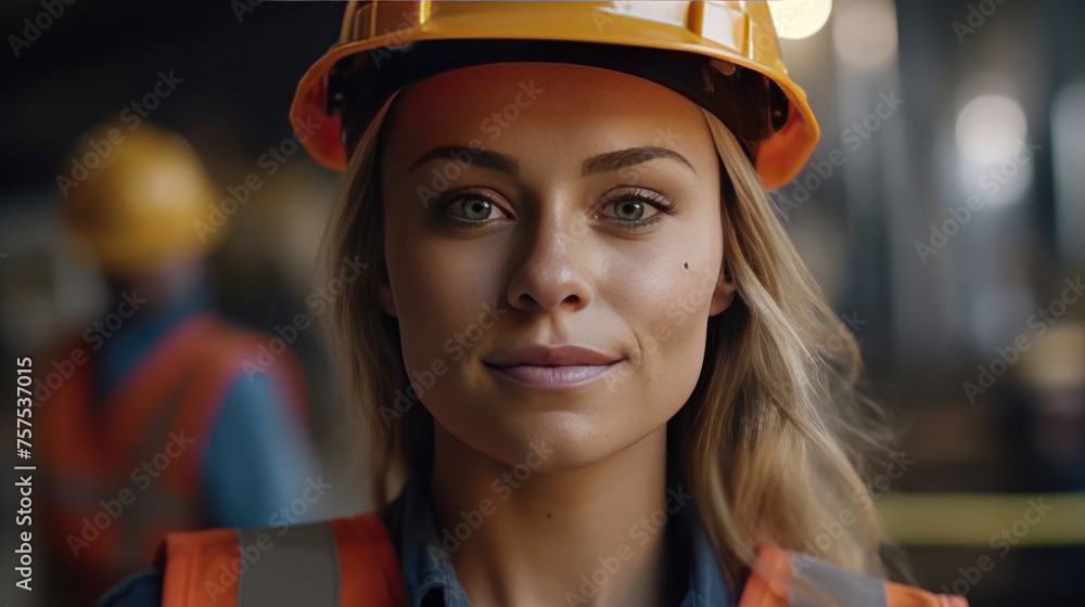Smiling Woman at Construction Site, Wearing Hard Hat and Work Vest Smiling Woman at Construction Site, Wearing Hard Hat and Work Vest