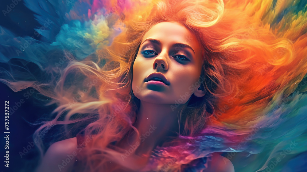 Colorful Fantasy Portrait Woman's Image Combined with Digital Paint Splash and Space Elements