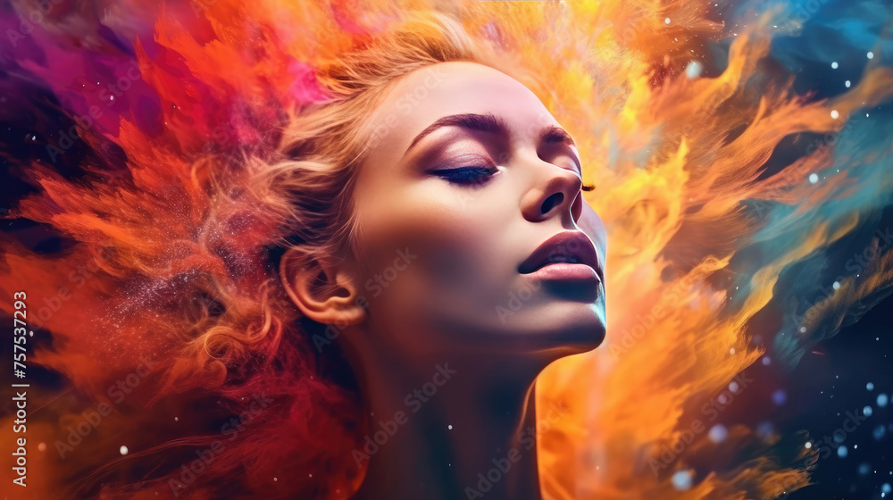 Colorful Fantasy Portrait Woman's Image Combined with Digital Paint Splash and Space Elements