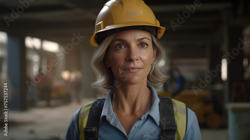 Smiling Woman at Construction Site, Wearing Hard Hat and Work Vest