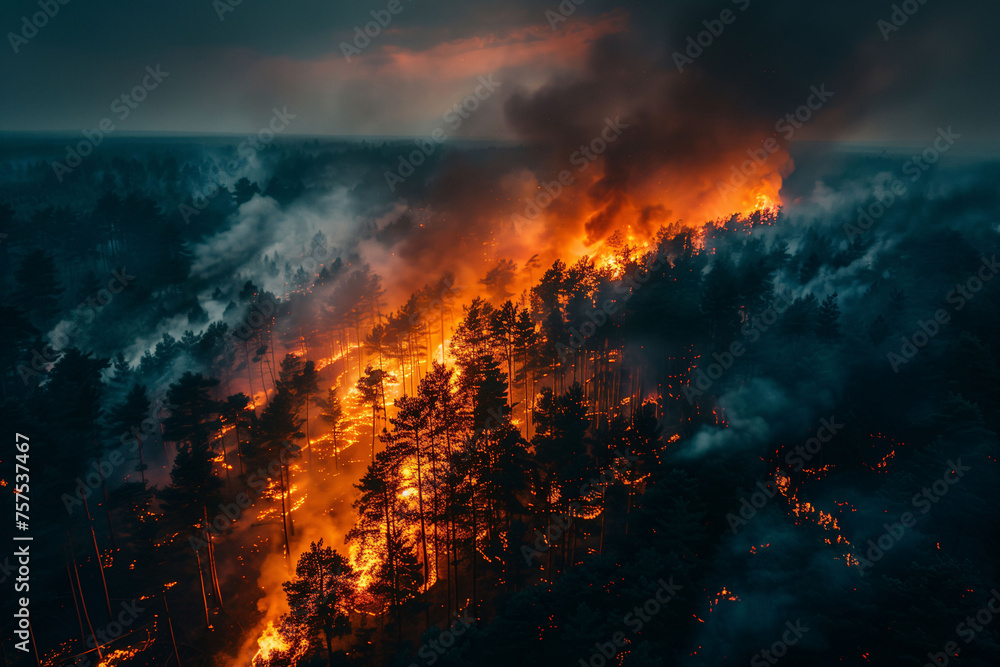 Aerial panoramic shot of burning trees in flames in forest covering fire, smog.