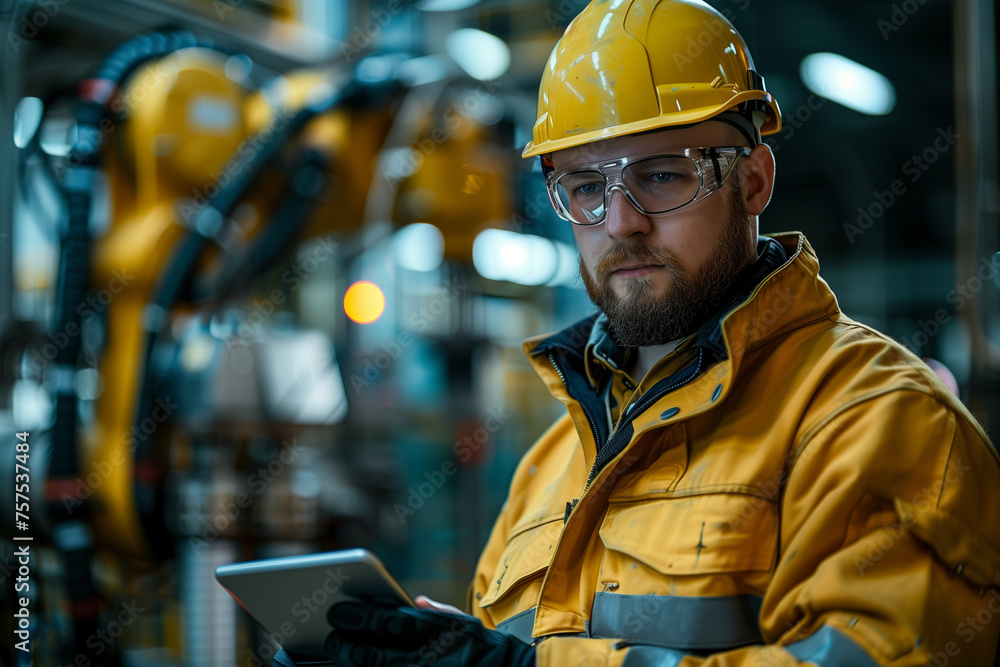 Engineer with tablet pc operating robotic arm in factory Engineer with tablet pc operating robotic arm in factory