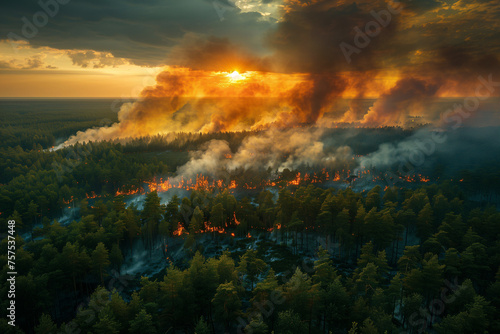Aerial panoramic shot of burning trees in flames in forest covering fire, smog.