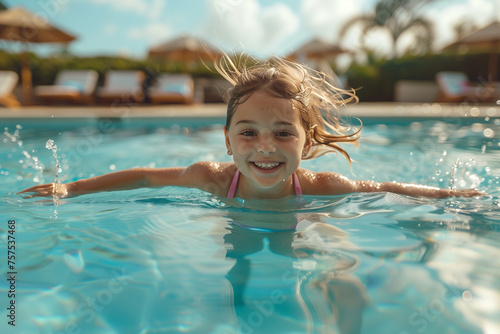 Smiling Little Girl Swimming in Pool