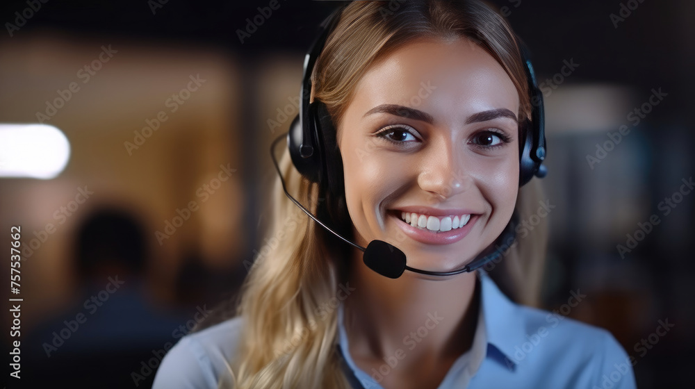 Smiling Young Woman Telemarketing in Contact Us Center with Headset and Sales Tools Smiling Young Woman Telemarketing in Contact Us Center with Headset and Sales Tools