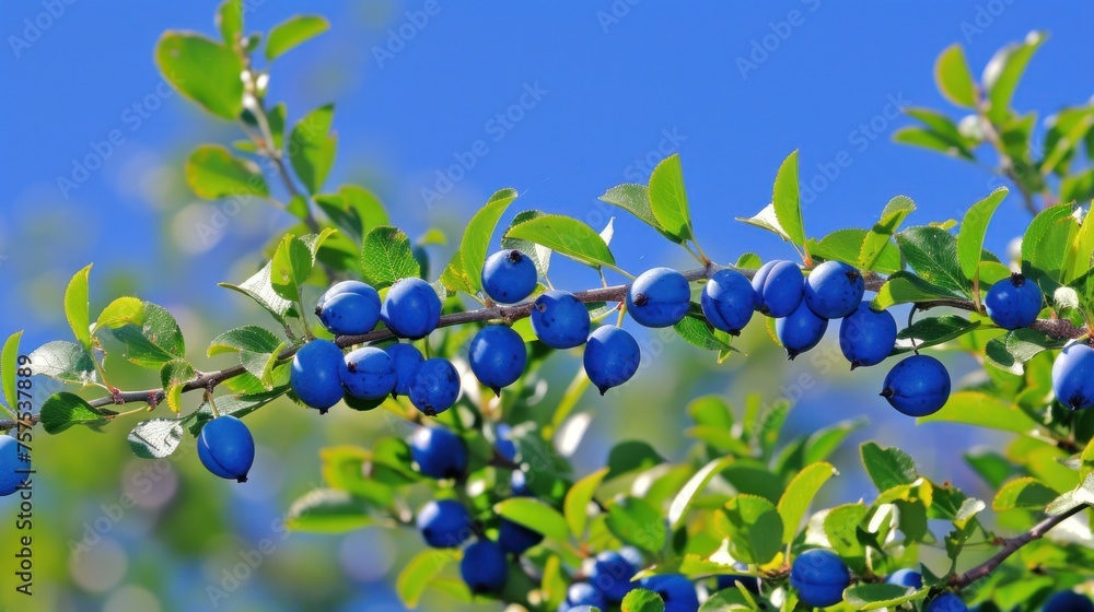 a close up of blue berries on a tree with green leaves and a blue sky in the backround. a close up of blue berries on a tree with green leaves and a blue sky in the backround.