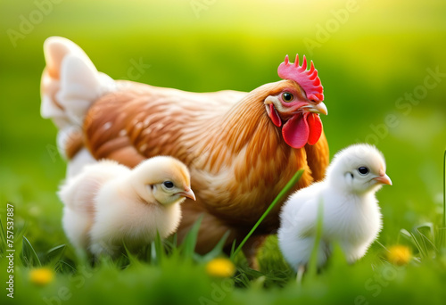 Chicken, farming and agriculture on grass, field or outdoor for free range eating, organic or sustainable farm.