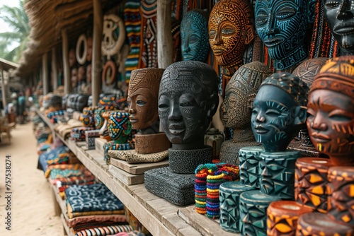 A traditional African market, with colorful textiles, hand-carved masks, and the sound of drumming in the background