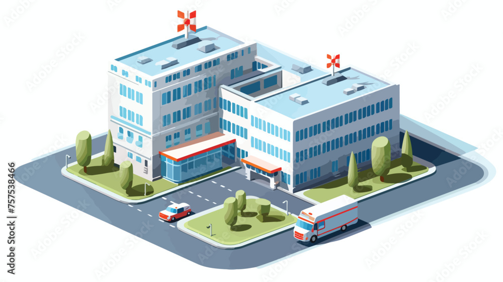 Hospital and ambulance building. Flat and isometric
