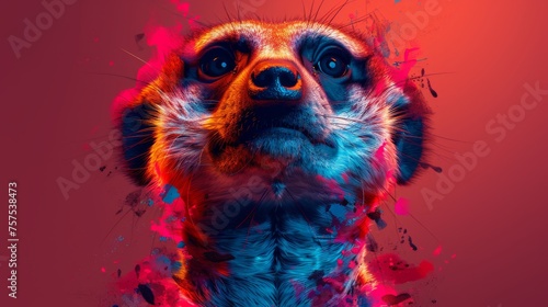 a close up of a dog's face with red and blue paint splatters on it's face.