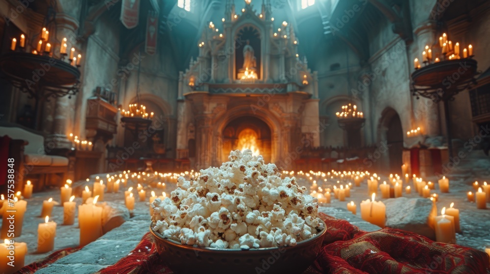 a bowl filled with popcorn sitting on top of a table next to a candle filled room filled with lit candles.