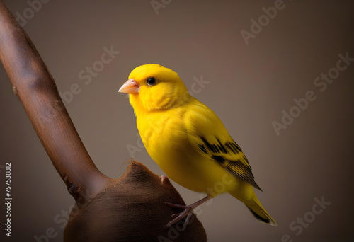 Yellow canary bird perched in softbox photo