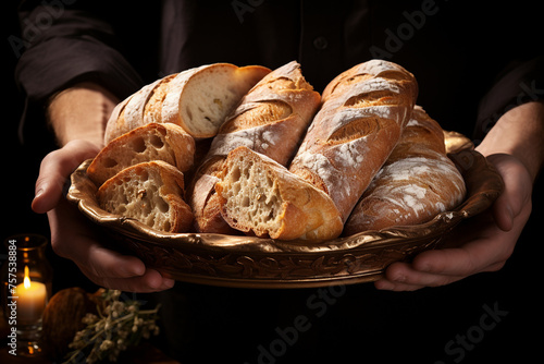 high quality photo of a hands holding bread, only hands and a dish in the frame сreated with Generative Ai