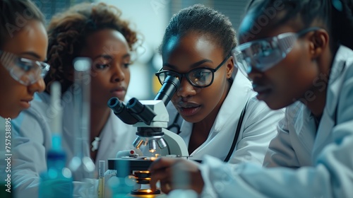 Group of african american scientists working with microscope in laboratory. photo