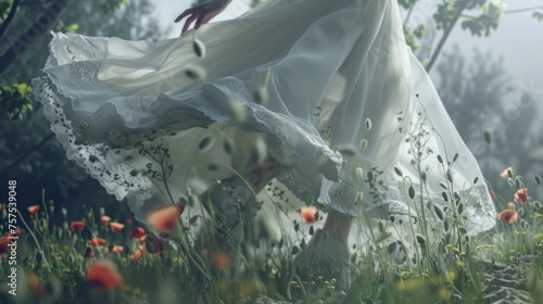 a woman in a white dress is walking through a field of flowers with her hands on her hips and her dress blowing in the wind. photo