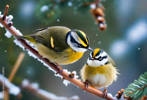 Cute birds on cold winter day. Winter nature background. Birds: Common Firecrest. Regulus ignicapilla. © Umer