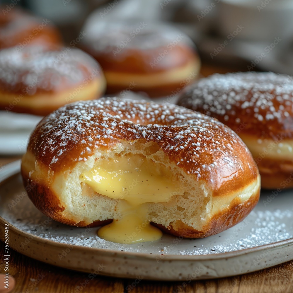 Close up of a glazed donut with with custard oozing out Close up of a glazed donut with with custard oozing out
