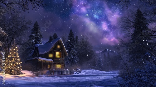 A cozy cabin nestles in a snow-laden landscape, with the mesmerizing Northern Lights dancing in the sky above the towering mountains. Resplendent. © Summit Art Creations