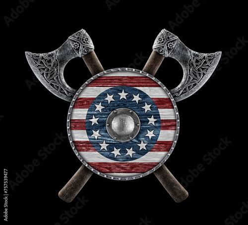 Round American shield and two crossed axes isolated on black background