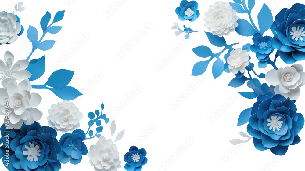 Frame with blue and white flowers on transparent background. Floral design for cosmetics, perfume, beauty care products. Can be used as greeting card, wedding