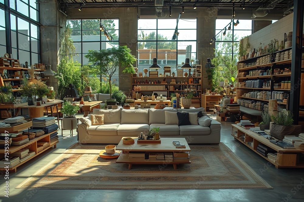 Generate a picture of a person shopping for furniture in a spacious home goods store Generate a picture of a person shopping for furniture in a spacious home goods store