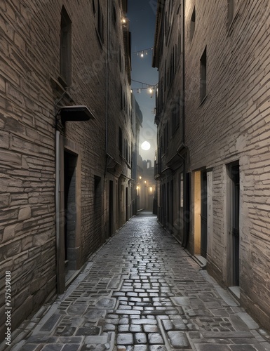 Narrow street in the town  with little lighting and gray colors