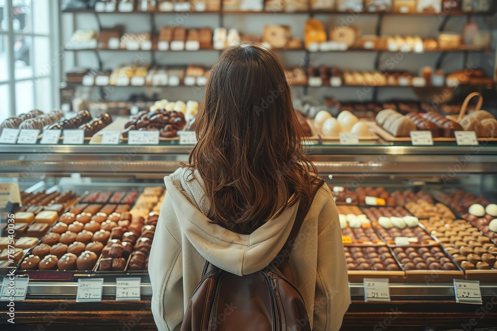 Generate an illustration of a person shopping for gourmet chocolates in a boutique chocolate shop