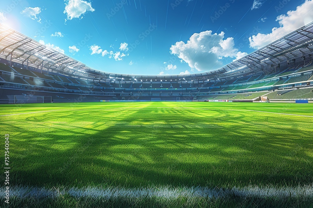 Fototapeta premium This dynamic illustration captures the electric atmosphere of a soccer match with vibrant green grass, enthusiastic fans, and the grandeur of the stadium, inviting viewers into the heart of the game