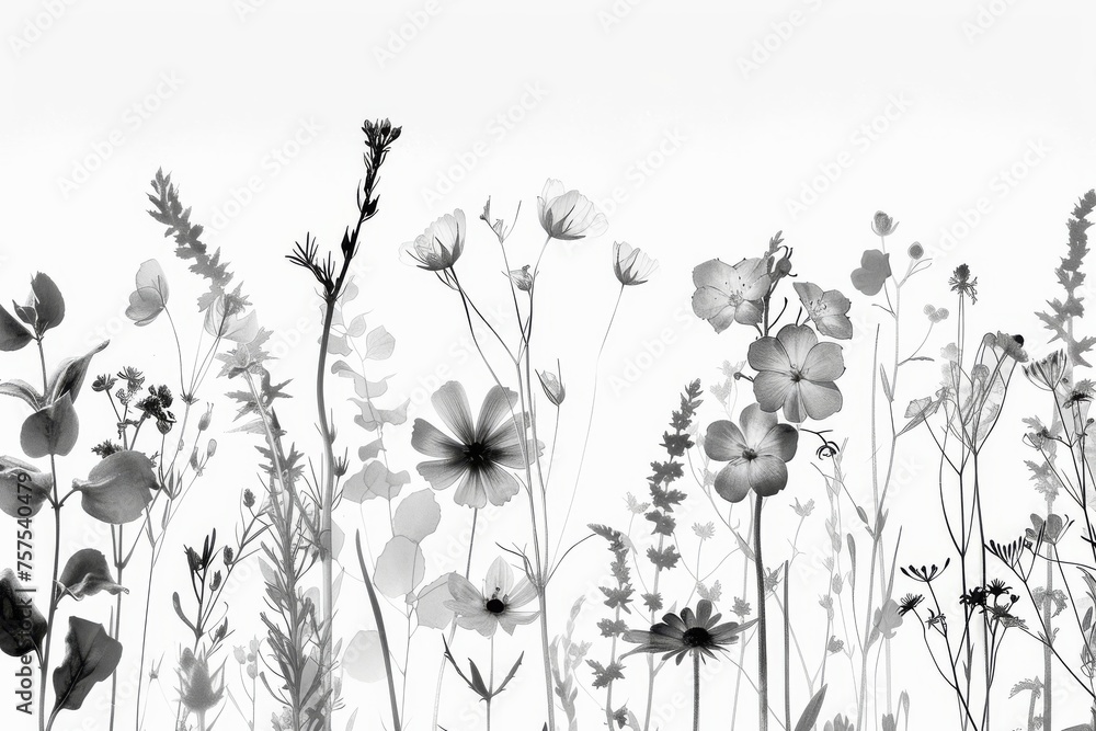 Naklejka premium Monochrome botanical floral pattern with various flowers. A seamless, elegant black and white floral pattern featuring assorted blooming flowers and foliage, perfect for a variety of design uses.