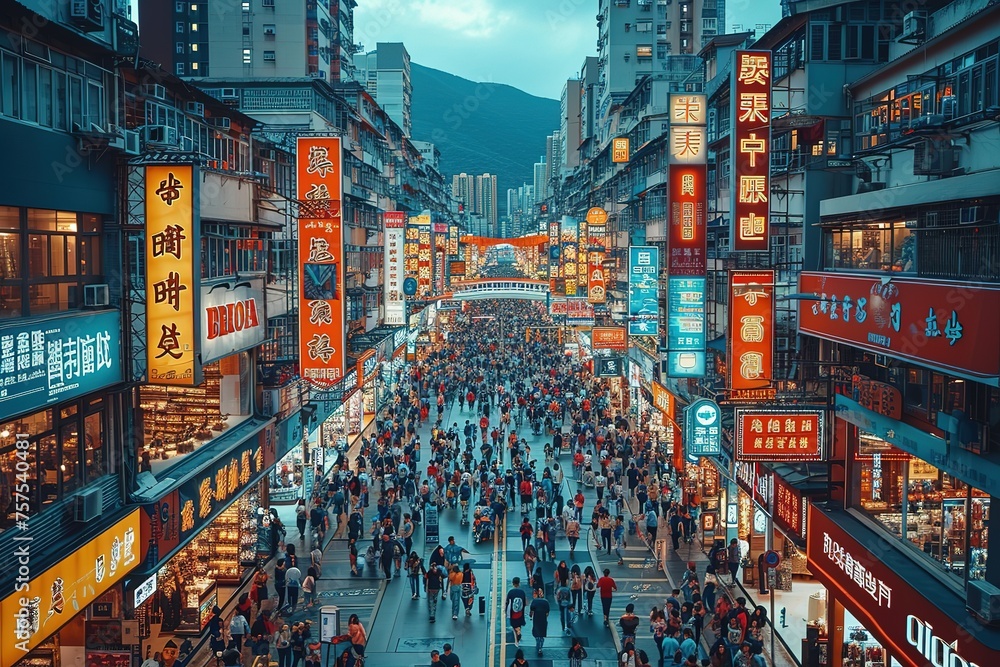 Generate an image of a busy shopping district in a modern city with towering skyscrapers Generate an image of a busy shopping district in a modern city with towering skyscrapers